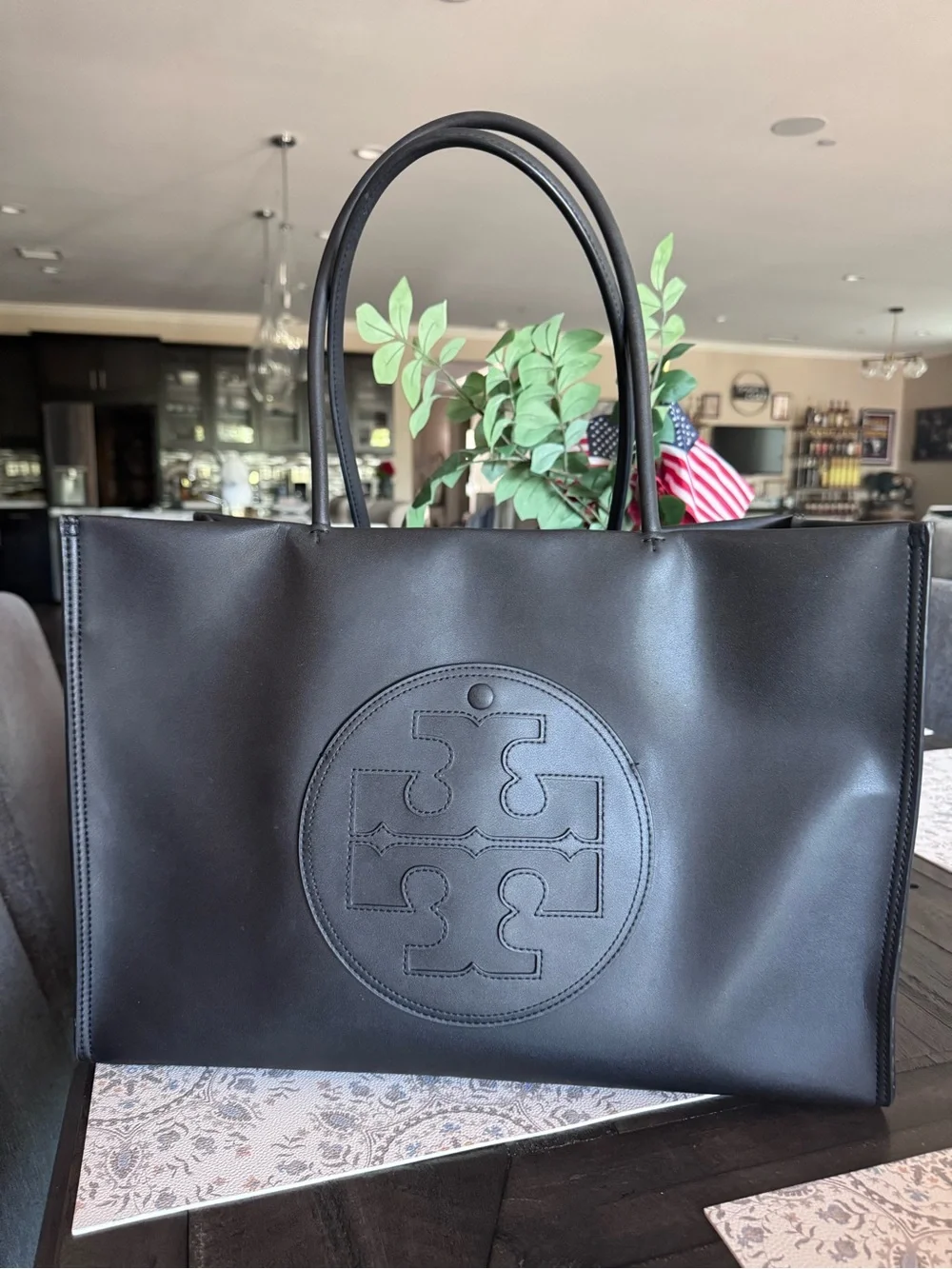 Tory Burch Black Leather Logo Tote